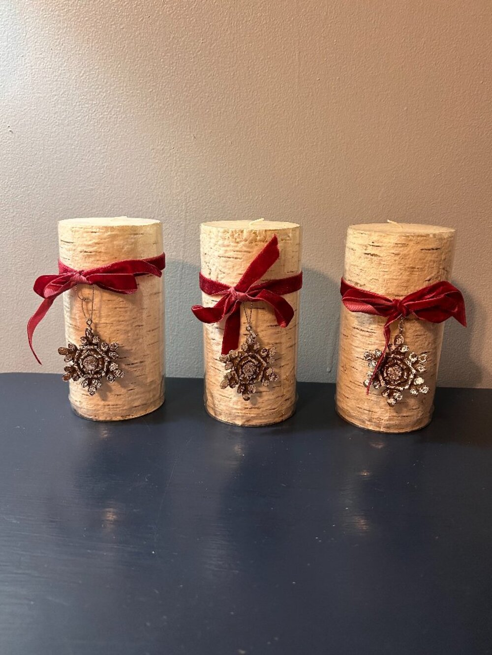 Set of 3 Frosted Wood Pine Candles w/ Red Felt Ribbon